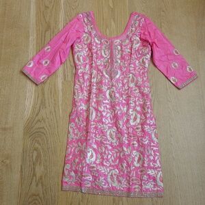 Traditional Indian Kurta Hand Embroidered Lightweight Pink Tunic Beaded Trim